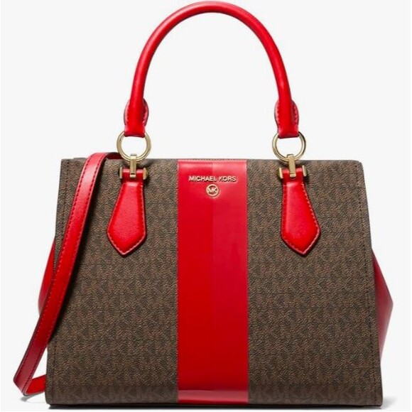 Michael Kors Marilyn Medium Satchel Crimson Red Handbag MK Logo Purse NWT - Picture 1 of 5